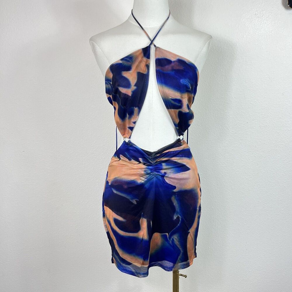 Fashion Nova Dress Womens Large Blue Tie Dye Ania Abstract Mesh Mini Club Party